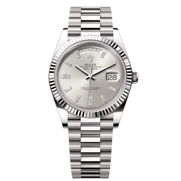 RLX Day-Date "President" 40mm White Gold Silver Diamond Baguette Dial - 228239