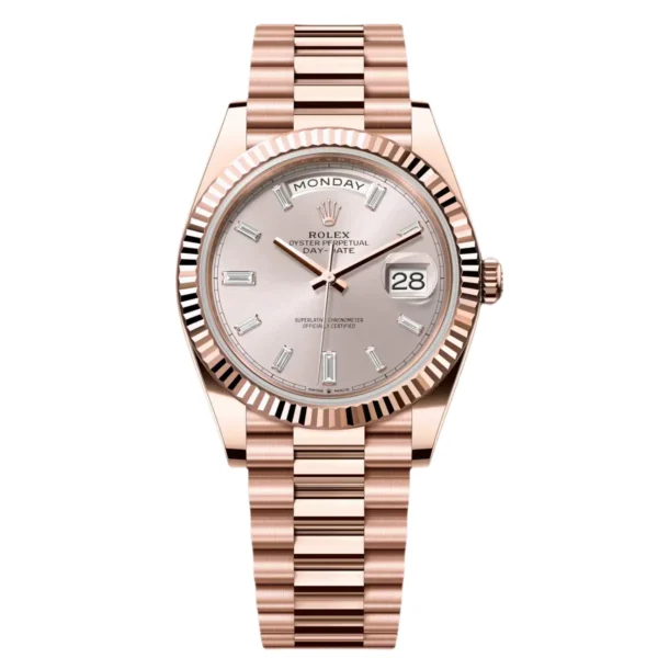 RLX Day-Date "President" 40mm Everose Gold Sundust Diamond Baguette Dial - 228235