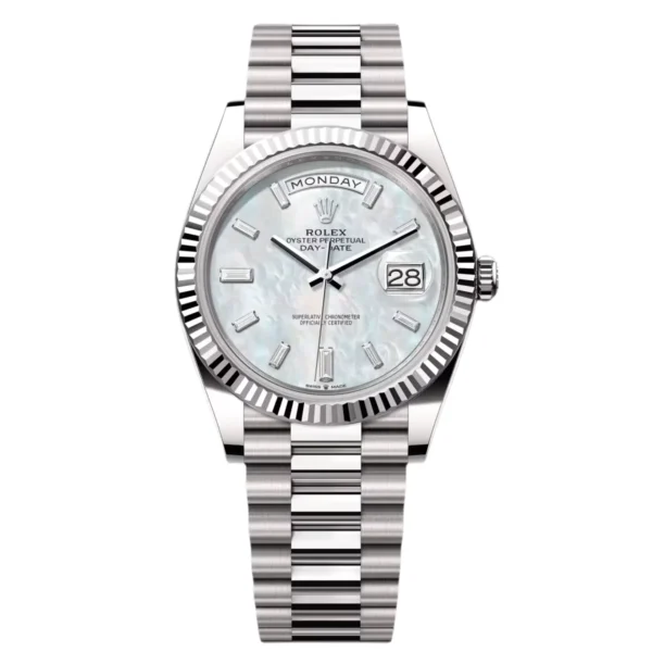 RLX Day-Date "President" 40mm White Gold Mother of Pearl Diamond Baguette Dial - 228239
