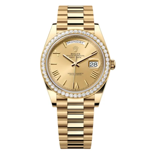 RLX Day-Date 40mm Champagne Dial and Diamond Bezel Yellow Gold President Bracelet 228348RBR-0003