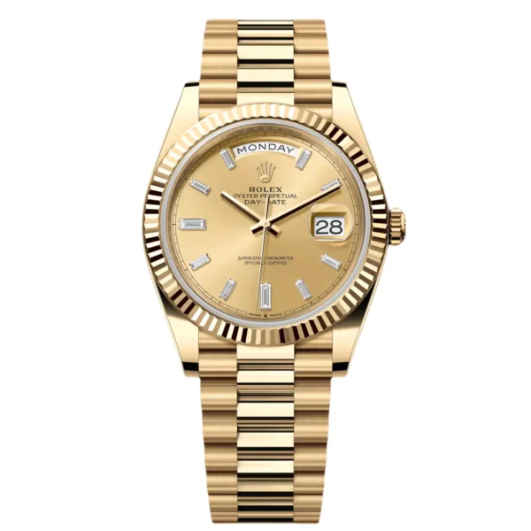 RLX Day-Date "President" 40mm Yellow Gold Champagne Diamond Baguette Dial - 228238